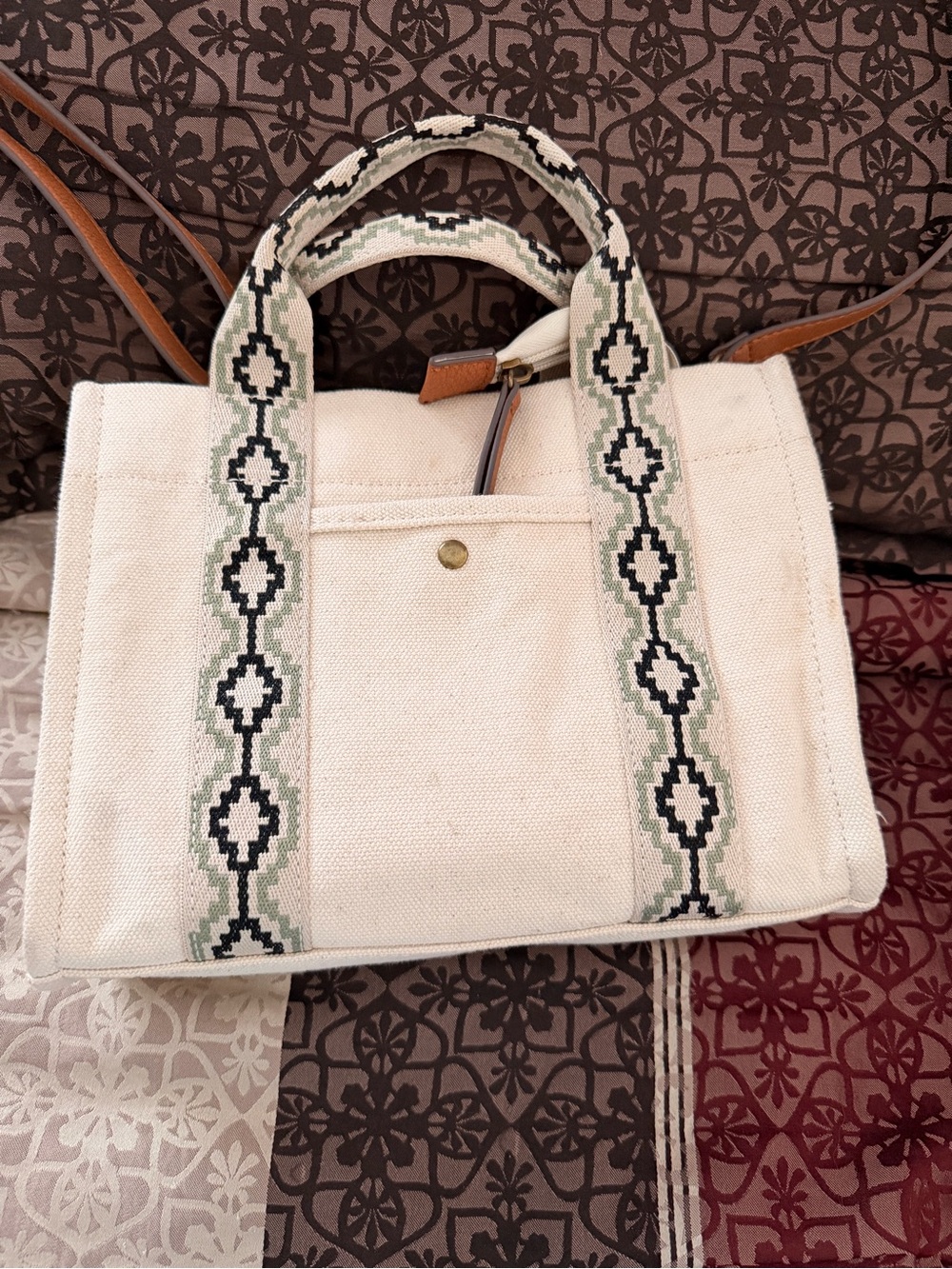 a.n.a Cream Canvas Tote with Patterned Green-Black Straps